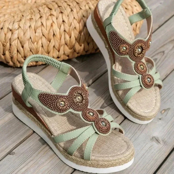 Women's Casual Roman Style Beaded Straw Rope Sandals With Wedge Heels - Picture 5 of 8